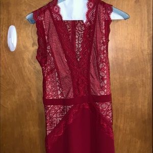 V-neck red midi dress lace detail on top